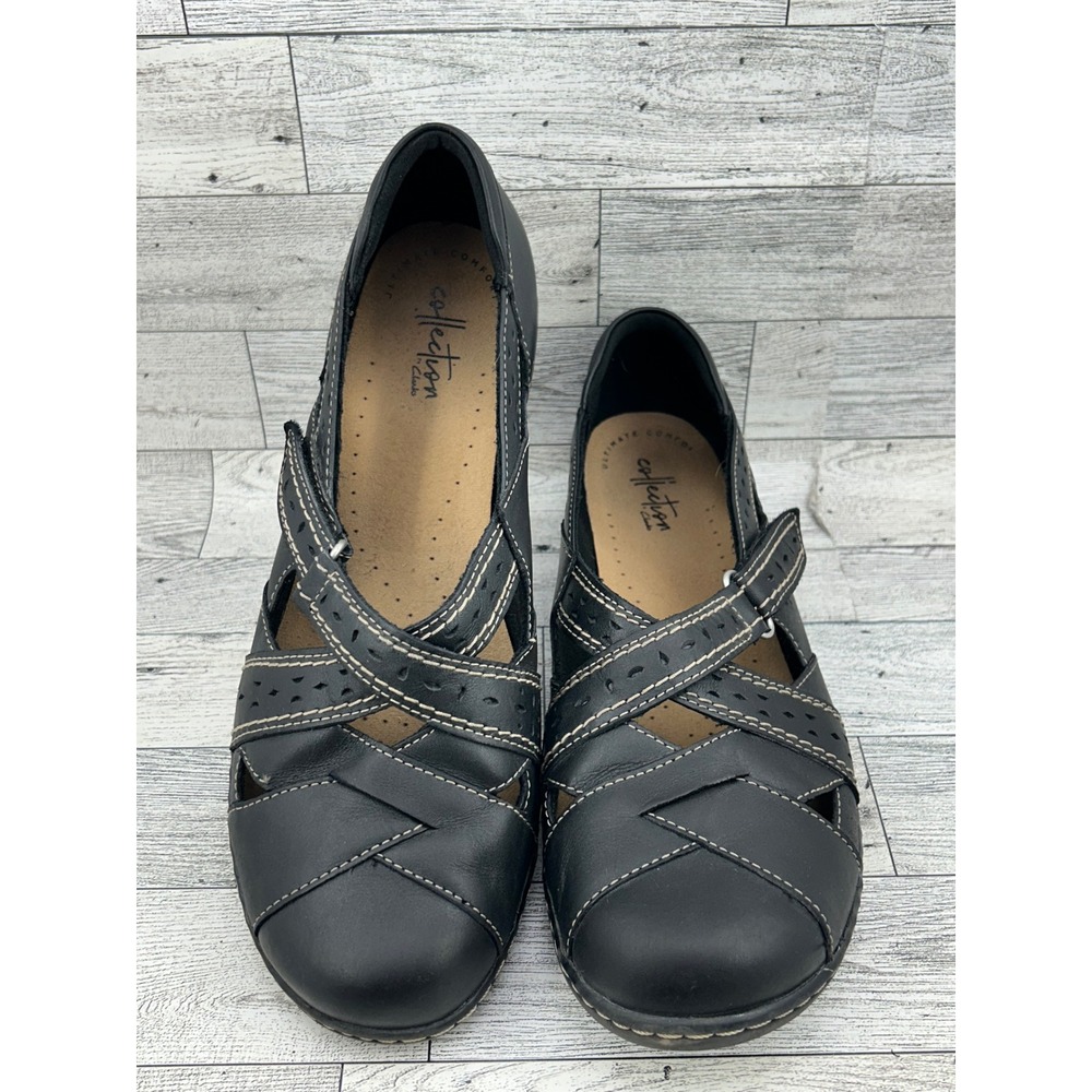 Clarks Collection Black Leather Mary Jane Comfort Flats Shoes Women Sz 9.5M